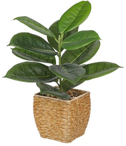 Hollyone 43CM Artificial Plants Rubber Plant Ficus Elastica in Woven Basket, Faux Plants Indoor Decorative Tropical Fake Plants Aesthetic Room Décor Plants for Bedroom Office Home Desk Decoration
