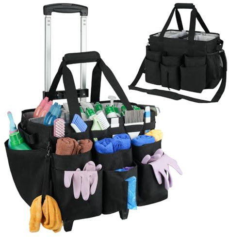 ZIOZERTT Grand sac de nettoyage à roulettes avec chariot amovible, chariot de nettoyage sur roues avec bandoulière, organiseur de fournitures de nettoyage pour femmes de ménage, noir