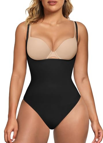 SHAPERX Body Contenitivo Modellante Snellente Shapewear Bodysuit Décolleté Aperto Invisibile Intimo Guaina Contenitiva Tanga, UK-SZ5315-Black-XXS/XS