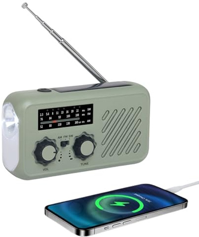 BuyWeek nödradio, AM FM SW vevradio bärbar solväderradio med LED-ficklampa USB powerbank SOS larm 2000 mAh batteri 3,5 mm hörlursuttag