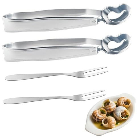 2 pinze per lumache a buffet, pinze da cucina in acciaio inox + 2 pezzi di lumache in acciaio inox forchetta da frutta per snails, ciotole crostacei, posate utensili da cucina (argento)