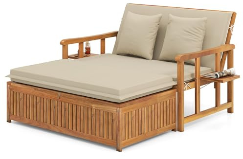 LDAILY Moccha Acacia Wood Outdoor Daybed - Wooden Loveseat Sofa with 4-Level Backrest, Storage Ottoman, Cushions, Outside Sunbed, Double Bed Lounger for Backyard Porch Pool Patio Furniture Set