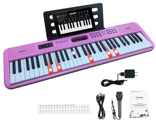 Funtaki Elektroniskt tangentbord med 61 tangenter för vuxna och barn med ljustangenter, MIDI-anslutning och inlärningslägen – Perfekt piano för nybörjare