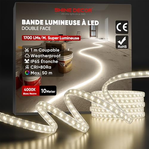Shine Decor LED Streifen 10m, 140W, 17000lm, IP65 Wasserfest LED Arbeitsleuchte, Ausziehbar auf 50m für Bau, Garage, Arbeitsort, Garten (CE Zertifiziert, Neutralweiß 4000K, 10m ohne Kabeltrommel)