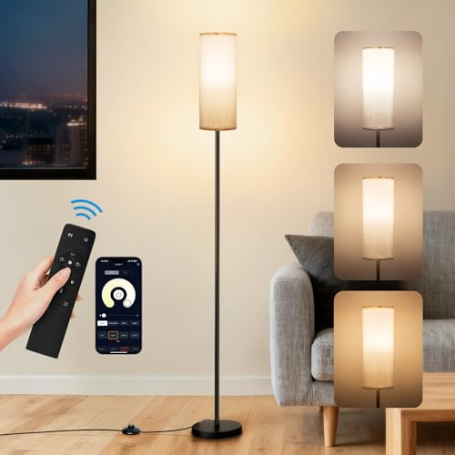 CRLL Lampada da Terra Salotto: Lampada da Lettura LED con APP e Telecomando& Interruttore a Pedale, Lampadina 12W, 3 Temperature di Colore, Design Vintage per Soggiorno,Camera da Letto,Ufficio (Nero)