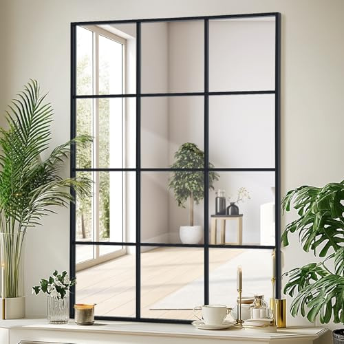 LunaMirror 60 x 90 cm rektangulär fönsterspegel svart aluminiumram fönsterruta väggspegel för inomhus vardagsrum hall entré utomhus trädgårdsdekor