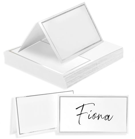 50Pcs Place Cards for Table Setting - White Blank Table Place Cards with Gold Foil Border, Table Seating Name Cards for Weddings, Banquets Dinner Parties (Folfding Size 2x3.5 inches) (White)