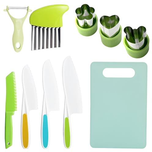 Sicurezza Coltelli per Bambini Antitaglio, 10 Pezzi Utensili Cucina Bambini, Set Utensili da Cucina Pelapatate e Tagliere, per Tagliare e Cuocere Frutta o Verdura per Piccoli