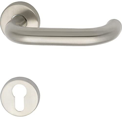 GRUNDMANN Geos 102838 1754/D6K Handle Set on Rosette PZ for Fire Doors ÖNORM Door Fitting VK 8.5, Matte Stainless Steel, Silver