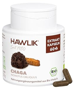 HAWLIK Vitalpilze Chaga Extrakt Kapseln - 60 Kapseln - Mit Vitamin C - Natürlicher Anbau - Schonende Trocknung - Vegan - Zuckerrohr-Dose
