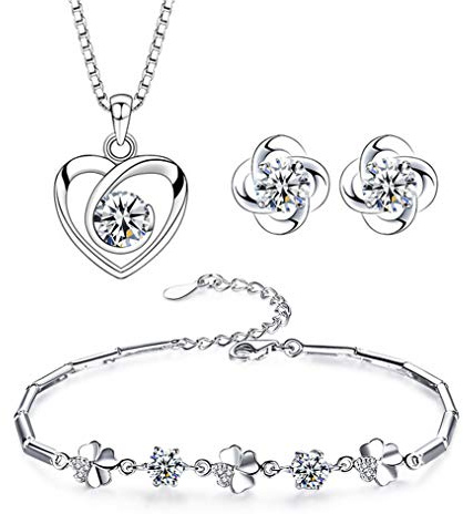 Josfeva Silver Jewellery Sets for Women, 925 Sterling Silver Heart Pendant Necklace & Clover Stud Earrings & Bracelet Set with Cubic Zirconia, Bridal Wedding Bridesmaid Ladies Jewellery Gift Set