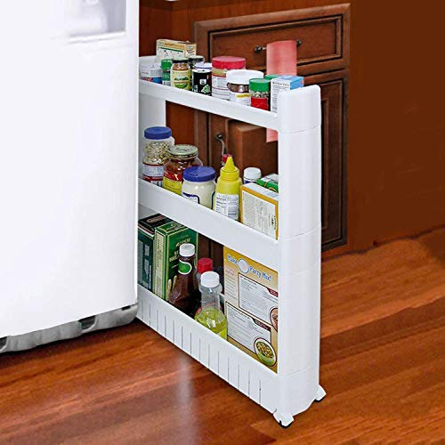 Thrink Slim Slide Out Kitchen Bathroom Trolley Rack Holder Storage On Wheels | Ample Storage | Slides Easily In And Out | Fits In Neatly | Made Of Durable White Plastic