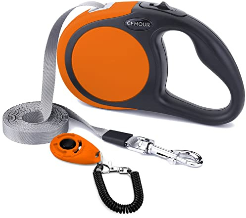 CFMOUR Guinzaglio retrattile per cani, 5 m/50 kg, arancione, resistente, estensibile, per cani di taglia media e grande; guinzaglio con nastro in nylon resistente, freno e blocco con un pulsante,