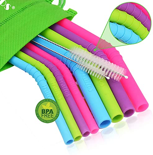 Walfos Reusable Silicone Straws - 4 Flexible Drinking Straws (2 Big + 2 Regular) for Smoothies, Milkshakes, Cocktails & Hot Drinks - BPA Free + Cleaning Brush + Storage Pouch