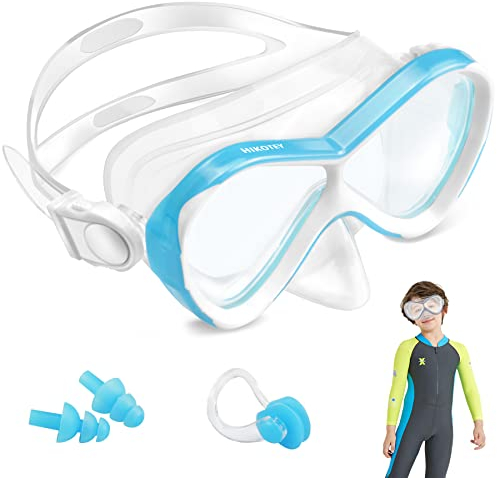 HIKOTEY Taucherbrille Kinder, Kid Taucherbrille Tauchmaske mit Ohrstöpsel und Nasenklammern Mitgeliefert, Verstellbares Silikonband, Anti-Leck Schnorchelmaske für Kinder, Jungen, Mädchen (4-12 Jahre)