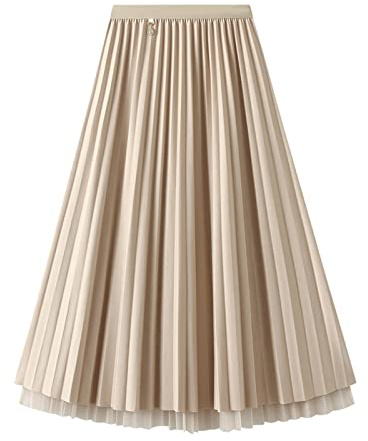 Jemsia Women's Reversible Tulle Skirt Midi A-line Elastic High Waisted Elegant Pleated Skirt with Ornament for Ladies Beige
