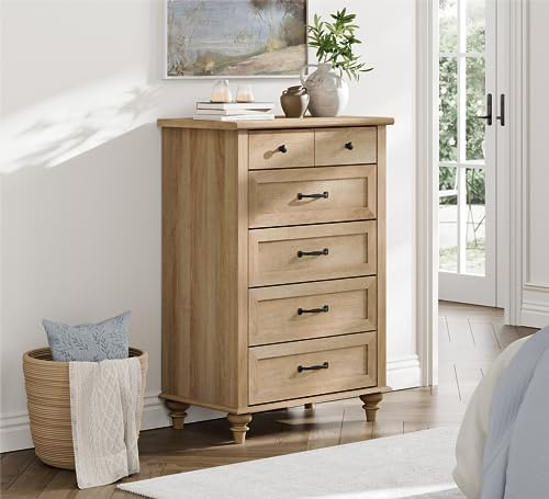 WAMPAT Small Dresser for Bedroom with 5 Drawers & Solid Wood Legs, Mid Century Modern Chest of Drawers Vertical Dressers Storage Organizer, Farmhouse Dresser for Kids Bedroom, Oak