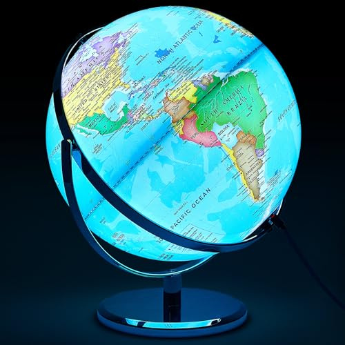 Amylove 13'' Illuminated World Globe for Adults 720°/360° Rotation Rewritable Kids Light-up Globe with Stand World Map for Interactive Learning Light with Base Lamp LED Decor(Metal,Practical)