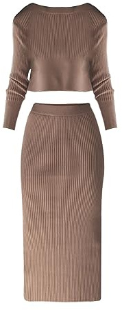 Ensemble jupe et pull en tricot - Robe en tricot pour femme - Tenue d'hiver et de printemps - 2 pièces - Robe pull élégante en maille côtelée - Haut court - Pull Y2K - Manches longues - Jupe midi