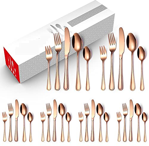 Tafelbesteck, Besteck-Set mit 30 Stück, Besteck aus Edelstahl in Goldfarbe, inklusive Messer/Gabel/Löffel, wiederverwendbar, hochglanzpoliert, spülmaschinenfest, Tafelservice (Gold)