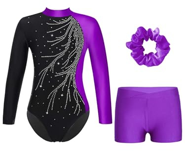 Linjinx Enfant Fille Justaucorps de Gymnastique Paillette Manches Longues Léotard Ballet Danse Classique Ensemble Patinage Artistique Costume Performance 5-16 Ans Violet 7-8 ans