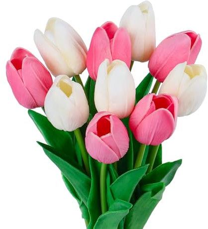 VaryFloral 10 Pièces Tulipe Artificielle Rose et Blanc Fausse Fleur Decoration Réaliste Fleurs Artificielles à Longue Tige Bouquet de Fleurs Artificielles Tulipe pour Fête Salle d'étude Bricolage
