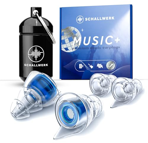 SCHALLWERK ® Music+ | Bouchons d'oreilles discrets – Amortissent le bruit et préservent la qualité du son – Bouchons d'oreilles transparents – Convient pour la musique, les festivals, le travai