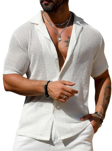 Oanviso Camisa de Punto Hombres Camisa Hawaiana Verano Camiseta de Malla Sexy Top Casual Transparentes Camisa Moda Clubwear Blusas Discoteca Botones Camisa de Playa Manga Corta Hombre A Blanco M