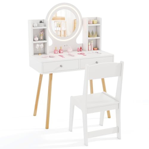 COSTWAY Kids Dressing Table, Girls Vanity Set with Stool, 2-Color LED Lights Mirror, Drawers, Storage Shelves, Make Up Pretend Dresser Desk Chair Set (White)