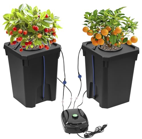 QWORK® DWC Sistema de Cultivo hidropónico, Cultivo en Aguas Profundas de 27 litros, Sistema hidropónico, con Kit de Goteo para Maceta, Bomba de Aire de 8W, 2 Cubos