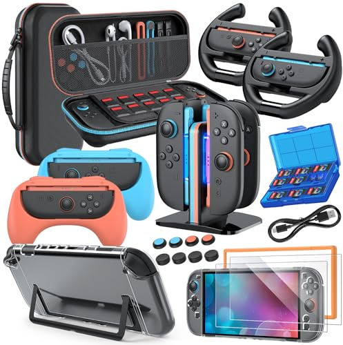 Switch 2 Accessories Bundle for Nintendo Switch 2 2025, 20 in 1 MENEEA Bundle Kits:Carrying Case, Switch 2 Charger Dock,Grips for JoyCon,Steering Wheels,Protective Cover for Controller Console