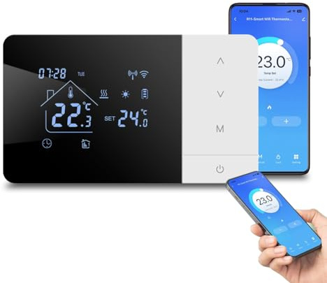 Thermostat WiFi chaudière à gaz 3 A, pour Thermostat Tuya alimenté par Batterie 2 Fils WiFi, Thermostats d'ambiance programmable Quotidienne, pour Alexa et Google Home pour Commande vocale