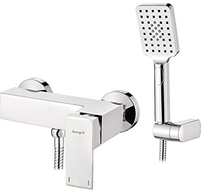 Ibergrif M12005 Atenas, Mezclador Cuadrado, Grifo de Ducha Monomando con Alcachofa, Soporte, Manguera, Cromo, Plata