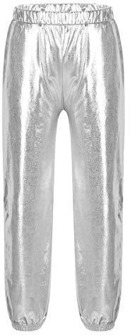 TiaoBug Kids Girls Boys Metallic Baggy Harem Dance Pants Trousers for Modern Hip Hop Street Dancewear Silver 13-14 Years