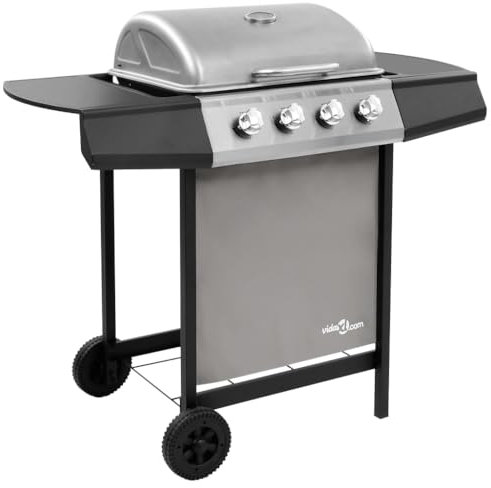 vidaXL Barbacoa de Gas con 4 Fogones Quemador Parrilla Asador Cocinar Camping Senderismo Picnics Jardín Patio Exterior Aire Libre Terraza Negro y Plateado
