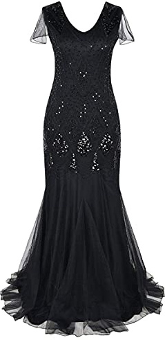IBTOM CASTLE Flapper Dresses 1920s Gatsby - Womens Vintage V Neck Art Deco Beaded Sequin Mermaid Hem Formal Evening Party Dresses Plus Size Cocktail Maxi Gown Prom Halloween Fancy Dress Costume Black