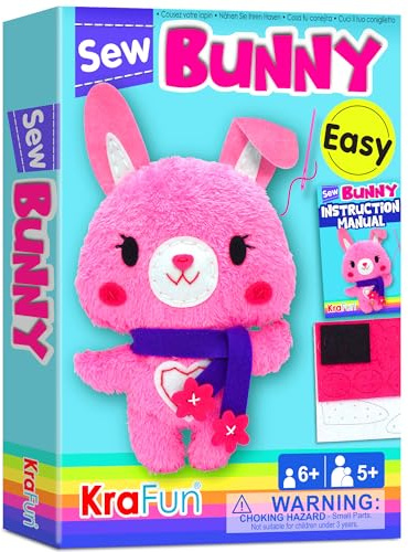 KRAFUN Kinder-Nähset für Anfänger ab 7 Jahren, Häschen-Stoftpuppe, Plüschfilz, Anleitung, Wiederverwendbare Box, Lernspielzeug zum Nähen und Sticken