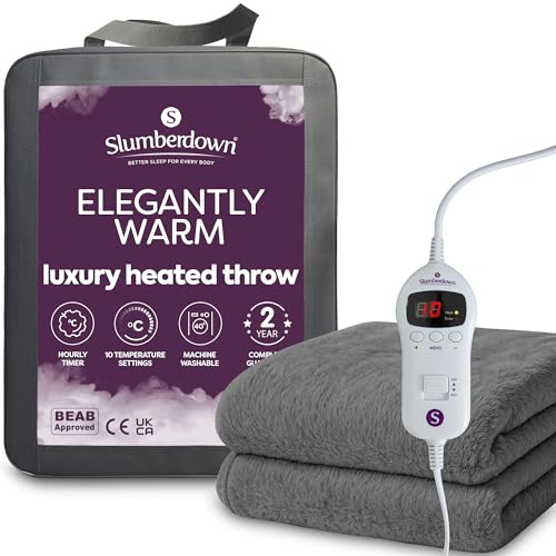 Slumberdown Warm Heated Throw Blanket (130x160cm) - Luxury Fleece Electric Blanket with 10-Heat Settings & Timer | Energy Efficient (3p/hr), 2-Year Guarantee, Washable, Charcoal Grey