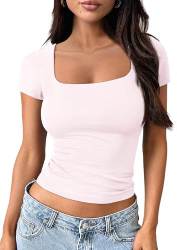 Trendy Queen Double Lined Short Sleeve Tshirts for Women Square Neck Cute Crop Top Spring Summer Basic Tees Workout Going Out Pink XS