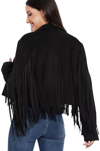 Chaqueta de cuero con flecos Fahsyee para mujer, trajes de vaquera occidental para mujer, ropa para concierto country, chaqueta corta de gamuza S-XXL, Negro, Large