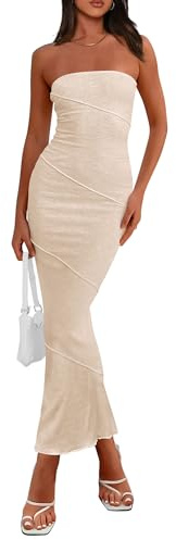 PRETTYGARDEN Women Long Bodycon Dress Summer Off Shoulder Strapless Bandeau Tube Maxi Dresses (Beige,X-Small)