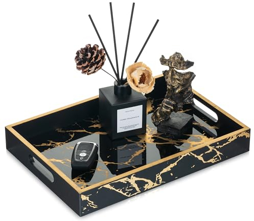 Hanobe Serving Tray Decorative Black: Rectangle Marble Pattern Coffee Table Trays with Handles for Tea Drinks Display - Gold Modern Platter for Ottoman Decor 34 cm