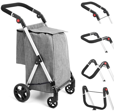 LEUYA ABC Livsmedelsvagn, 4-hjulig shoppingvagn, 46 l aluminium kundvagn, hopfällbar kundvagn med isolerad kylväska (grå)