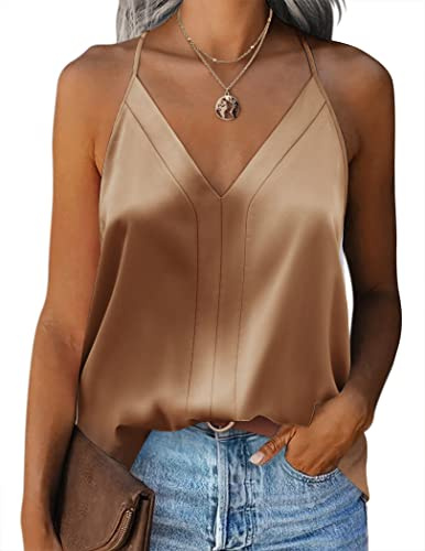 Zeagoo Silkestopp dam cami topp satin V-hals topp justerbara spagettiremmar topp khaki sexig sommarskjorta kvinnor tunika XXL, khaki, XXL, Khaki, XXL