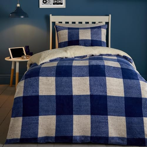 Bedlam Juego de Funda de edredón de Forro Polar a Cuadros Azules, tamaño Doble (200 x 200 cm), Ropa de Cama Reversible de Franela acogedora, Funda de edredón de Forro Polar Suave, Ropa de Cama de