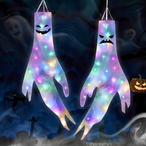 Wzone 120cm Large Halloween Ghost Windsocks with LED Lights, 2 Pack Hanging Ghost Cute Horror Halloween Decoration Garden, Flying Ghost Flag Wind Socks for Indoor Outdoor Horror Theme Party