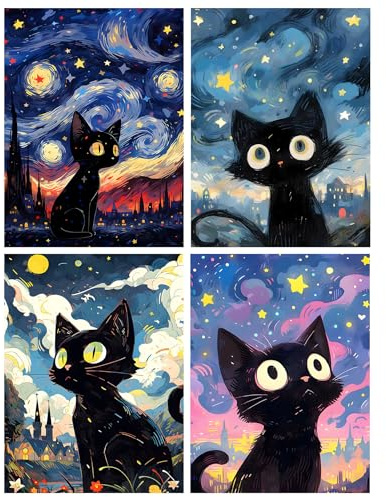 Bowetile Set da 4 Diamond Painting Kit Completo, Gatto della Notte Stellata Diamond Painting Kit Completo per Adulti, Gatto Carino Diamant Painting per Adulti, Decorazioni per Casa 30x40 cm