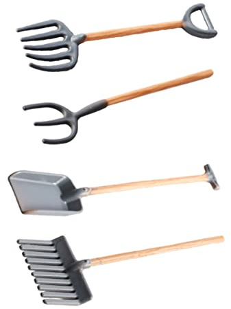 JUMPLAWN Lot de 4 Set de Outils de Jardin Miniatures pour Garçon et Filles, Pelle et Râteaux en Métal, Ensemble Mini Agricole 4 Pièces, Accessoires pour Maison de Poupée, Jeu Extérieur
