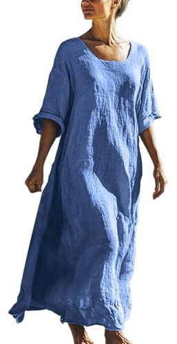 Vestito Donna Lungo in Cotone e Lino Caftano Boho Abito Ampio Casual Moda Manica Lunga Scollo A V Vestito Estivo Taglie Forti Eleganti Abiti al Ginocchio Larghe da Spiaggia Fresco Vacanza