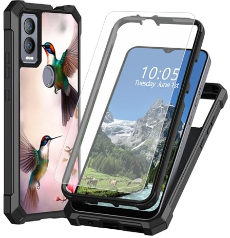 DIGTIALL Fodral för Cricket Magic 5G/ATT Propel 5G 17,2 cm med skärmskydd i härdat glas, dubbla lager kraftigt stötsäkert skyddande fodral, kolibriblomma